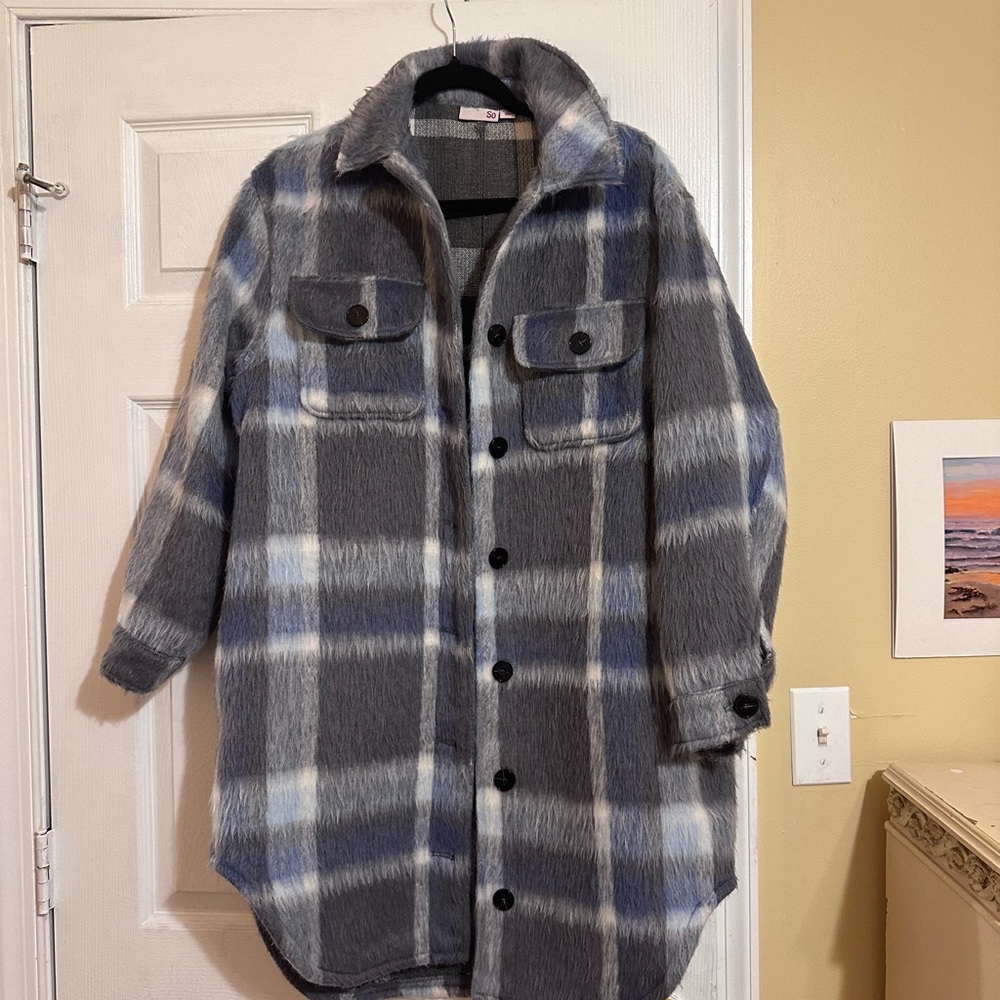 Oversized blue plaid fuzzy jacket